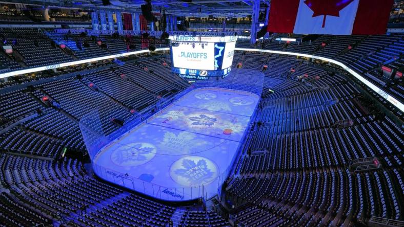 May 2, 2022; Toronto, Ontario, CAN; A general view of Scotiabank Arena before game one of the first round of the 2022 Stanley Cup Playoffs between the Tampa Bay Lightning and Toronto Maple Leafs. Mandatory Credit: John E. Sokolowski-USA TODAY Sports