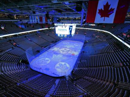 May 2, 2022; Toronto, Ontario, CAN; A general view of Scotiabank Arena before game one of the first round of the 2022 Stanley Cup Playoffs between the Tampa Bay Lightning and Toronto Maple Leafs. Mandatory Credit: John E. Sokolowski-USA TODAY Sports