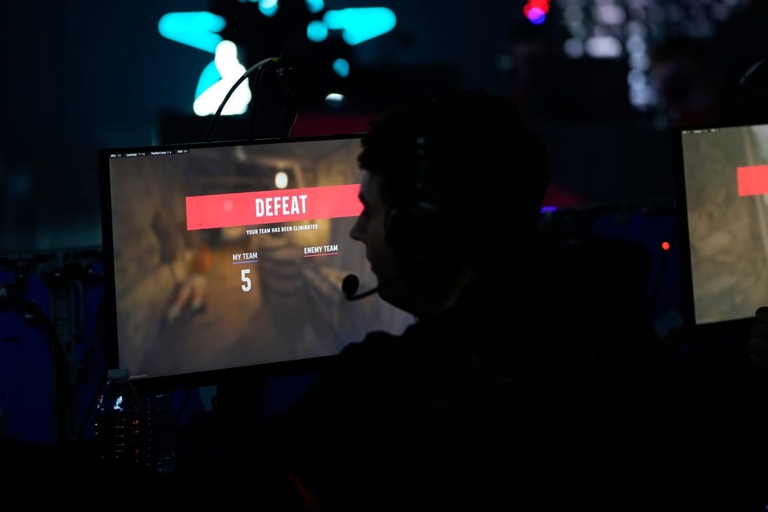 A defeat screem flashes at the end of a round during the Call of Duty League Pro-Am Classic esports tournament at Belong Gaming Arena in Columbus on May 6, 2022.

Call Of Duty Esports Tournament