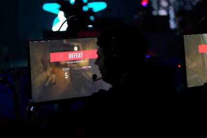 A defeat screem flashes at the end of a round during the Call of Duty League Pro-Am Classic esports tournament at Belong Gaming Arena in Columbus on May 6, 2022.

Call Of Duty Esports Tournament