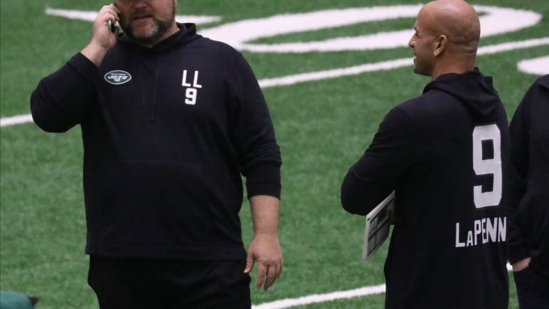 General manager Joe Douglas and head coach Robert Saleh at the New York Jets Rookie Camp, held at their practice facility in Florham Park, NJ on May 6, 2022.

The New York Jets Held Rookie Camp At Their Practice Facility In Florham Park Nj On May 6 2022