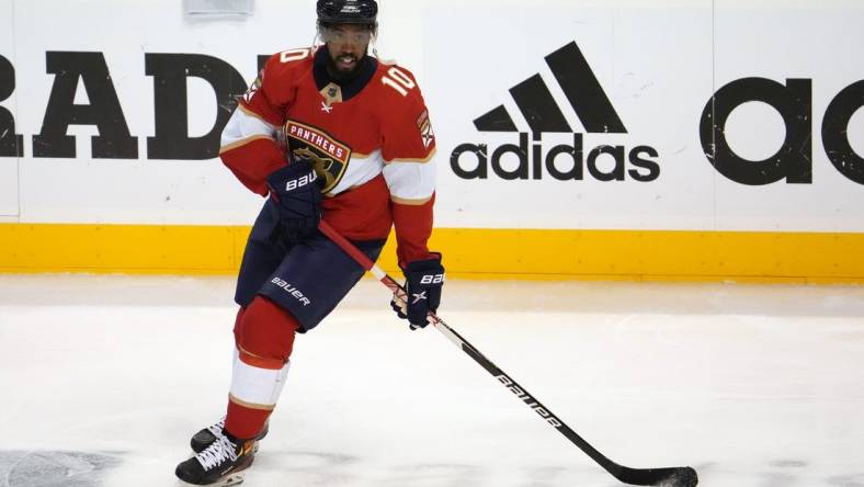 May 11, 2022; Sunrise, Florida, USA; Florida Panthers left wing Anthony Duclair (10) warms up prior to game five of the first round of the 2022 Stanley Cup Playoffs against the Washington Capitals at FLA Live Arena. Mandatory Credit: Jasen Vinlove-USA TODAY Sports