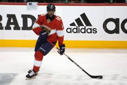 May 11, 2022; Sunrise, Florida, USA; Florida Panthers left wing Anthony Duclair (10) warms up prior to game five of the first round of the 2022 Stanley Cup Playoffs against the Washington Capitals at FLA Live Arena. Mandatory Credit: Jasen Vinlove-USA TODAY Sports