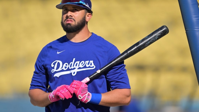 May 12, 2022; Los Angeles, California, USA; Los Angeles Dodgers third baseman Edwin Rios (43) looks on during batting practice before the game against the Philadelphia Phillies at Dodger Stadium. Mandatory Credit: Jayne Kamin-Oncea-USA TODAY Sports