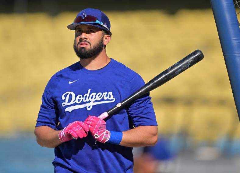 May 12, 2022; Los Angeles, California, USA; Los Angeles Dodgers third baseman Edwin Rios (43) looks on during batting practice before the game against the Philadelphia Phillies at Dodger Stadium. Mandatory Credit: Jayne Kamin-Oncea-USA TODAY Sports