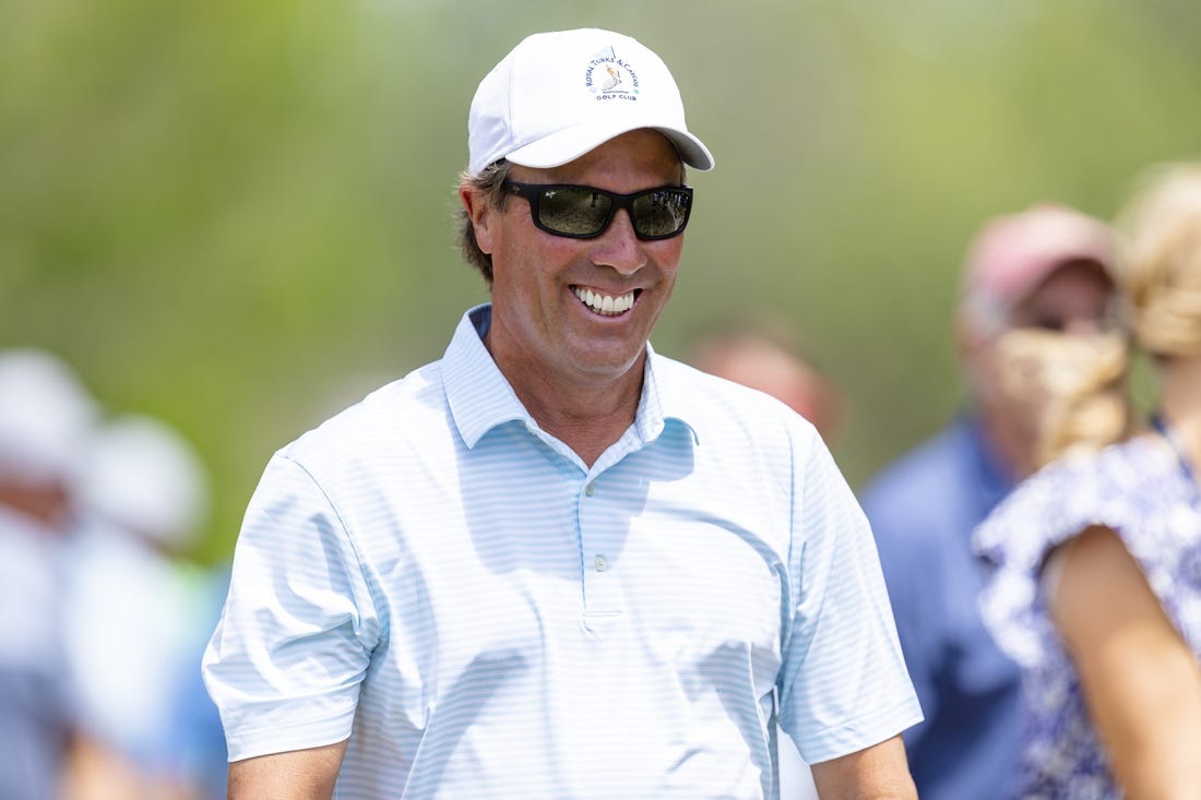 May 29, 2022; Benton Harbor, Michigan, USA; Stephen Ames smiles as he walks to the second tee box during the final round of the 2022 KitchenAid Senior PGA Championship at Harbor Shores. Mandatory Credit: Raj Mehta-USA TODAY Sports