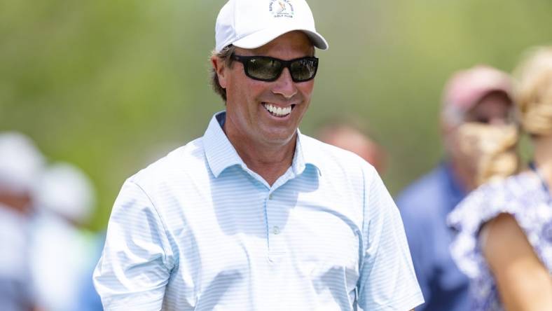 May 29, 2022; Benton Harbor, Michigan, USA; Stephen Ames smiles as he walks to the second tee box during the final round of the 2022 KitchenAid Senior PGA Championship at Harbor Shores. Mandatory Credit: Raj Mehta-USA TODAY Sports