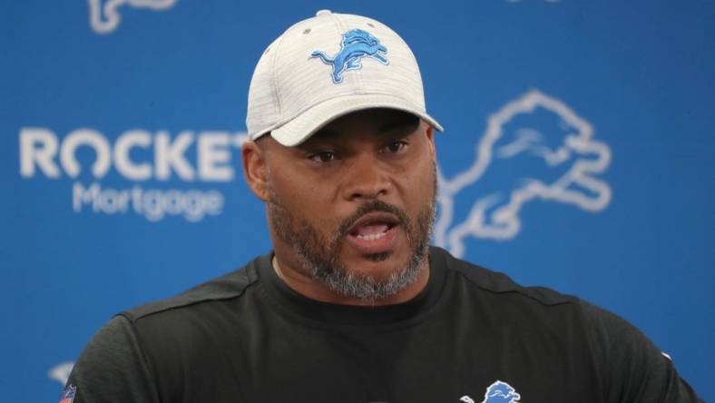 Lions running backs coach Duce Staley talks with reporters before OTAs on Thursday, June 2, 2022, in Allen Park.

Lions