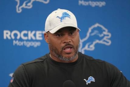Lions running backs coach Duce Staley talks with reporters before OTAs on Thursday, June 2, 2022, in Allen Park.

Lions