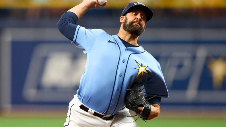 Jun 5, 2022; St. Petersburg, Florida, USA;  Tampa Bay Rays pitcher Andrew Kittredge (36) throws a pitch against the Chicago White Sox in the ninth inning at Tropicana Field. Mandatory Credit: Nathan Ray Seebeck-USA TODAY Sports