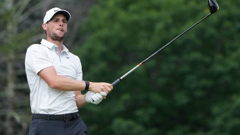 Jun 17, 2022; Brookline, Massachusetts, USA; Thomas Pieters watches his shot from the eighth tee during the second round of the U.S. Open golf tournament. Mandatory Credit: John David Mercer-USA TODAY Sports