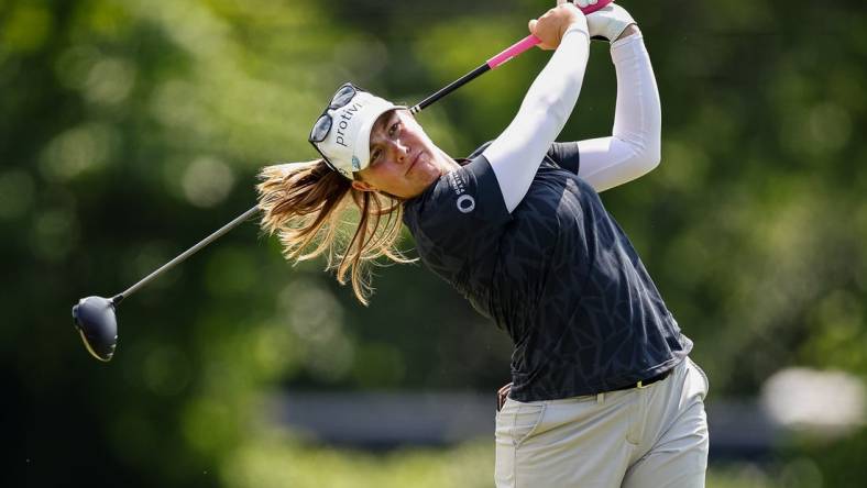 Jun 24, 2022; Bethesda, Maryland, USA; Jennifer Kupcho plays her shot from the 18th tee during the second round of the KPMG Women's PGA Championship golf tournament at Congressional Country Club. Mandatory Credit: Scott Taetsch-USA TODAY Sports