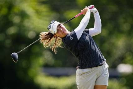 Jun 24, 2022; Bethesda, Maryland, USA; Jennifer Kupcho plays her shot from the 18th tee during the second round of the KPMG Women's PGA Championship golf tournament at Congressional Country Club. Mandatory Credit: Scott Taetsch-USA TODAY Sports