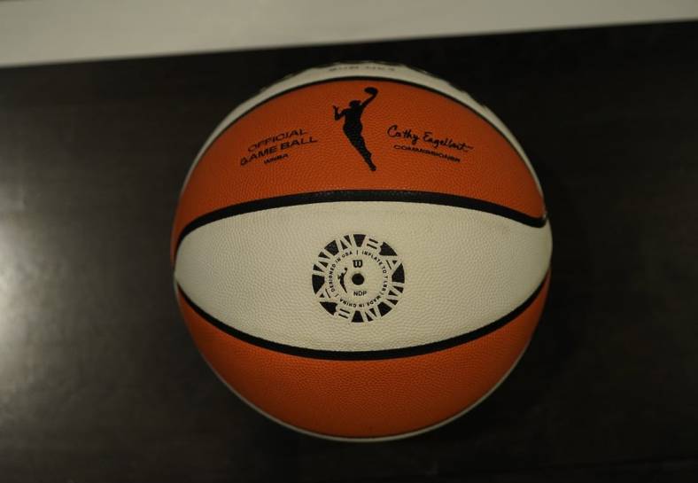 Jul 9, 2022; Chicago, IL, USA; A detail shot of a basketball during practice for the 2022 WNBA All-Star Game. Mandatory Credit: David Banks-USA TODAY Sports