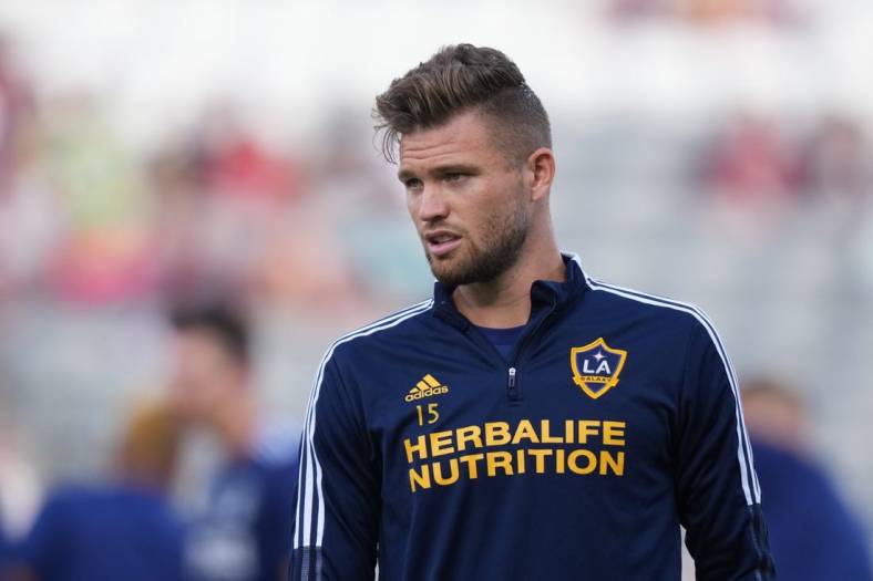 Jul 16, 2022; Commerce City, Colorado, USA;  Los Angeles Galaxy defender Eriq Zavaleta (15) prior to the match against the Colorado Rapids at Dick's Sporting Goods Park. Mandatory Credit: Ron Chenoy-USA TODAY Sports