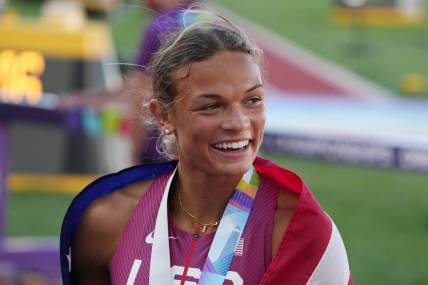 Jul 18, 2022; Eugene, Oregon, USA; Anna Hall (USA) celebrates after winning the bronze medal in the women   s heptathlon during the World Athletics Championships Oregon 22 at Hayward Field. Mandatory Credit: Kirby Lee-USA TODAY Sports