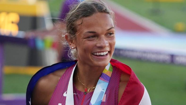 Jul 18, 2022; Eugene, Oregon, USA; Anna Hall (USA) celebrates after winning the bronze medal in the women   s heptathlon during the World Athletics Championships Oregon 22 at Hayward Field. Mandatory Credit: Kirby Lee-USA TODAY Sports