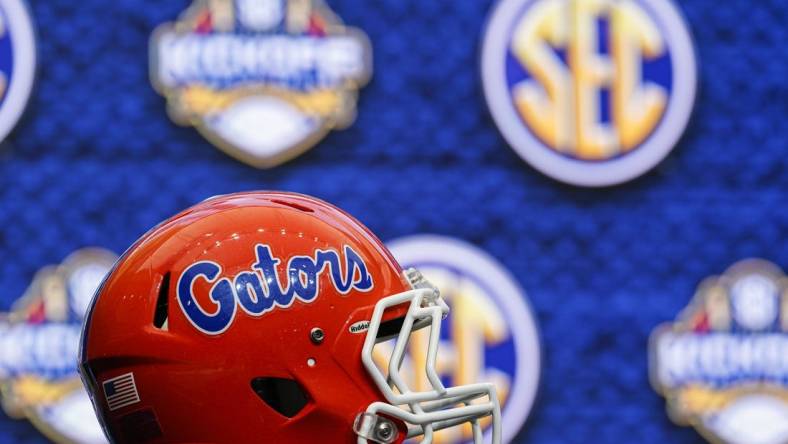 Jul 20, 2022; Atlanta, GA, USA; The Florida Gators helmet on the stage during SEC Media Days at the College Football Hall of Fame. Mandatory Credit: Dale Zanine-USA TODAY Sports