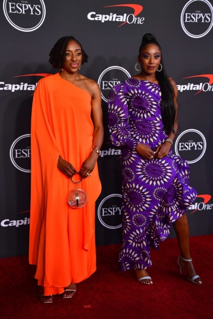 Jul 20, 2022; Los Angeles, CA, USA; Los Angeles Sparks players Nneka Ogwumike and Chiney Ogwumike arrive at the Red Carpet for the 2022 ESPY at Dolby Theater. Mandatory Credit: Gary A. Vasquez-USA TODAY Sports