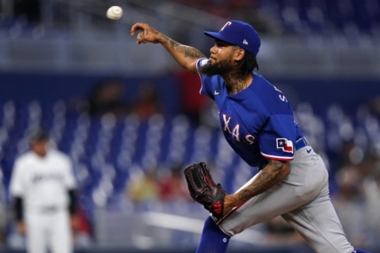 Jul 21, 2022; Miami, Florida, USA; Texas Rangers relief pitcher Dennis Santana (19) delivers a pitch in the ninth inning against the Miami Marlins at loanDepot park. Mandatory Credit: Jasen Vinlove-USA TODAY Sports