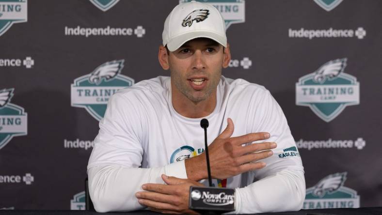 Jul 29, 2022; Philadelphia, PA, USA; Philadelphia Eagles defensive coordinator Jonathan Gannon speaks with the media at training camp at NovaCare Complex. Mandatory Credit: Bill Streicher-USA TODAY Sports