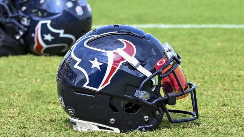 Aug 5, 2022; Houston, Texas, US; A general picture of a Houston Texans helmet after training camp at the Texans practice facility.  Mandatory Credit: Maria Lysaker-USA TODAY Sports