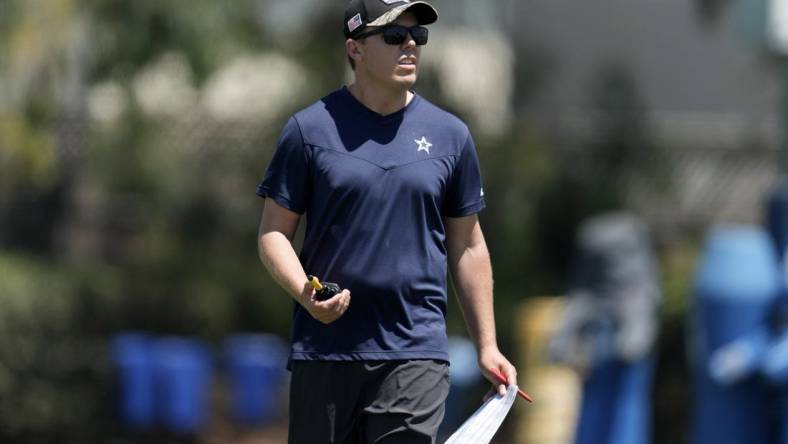 Aug 18, 2022; Costa Mesa, CA, USA; Dallas Cowboys offensive coordinator Kellen Moore during joint practice against the Los Angeles Chargers at Jack Hammett Sports Complex. Mandatory Credit: Kirby Lee-USA TODAY Sports