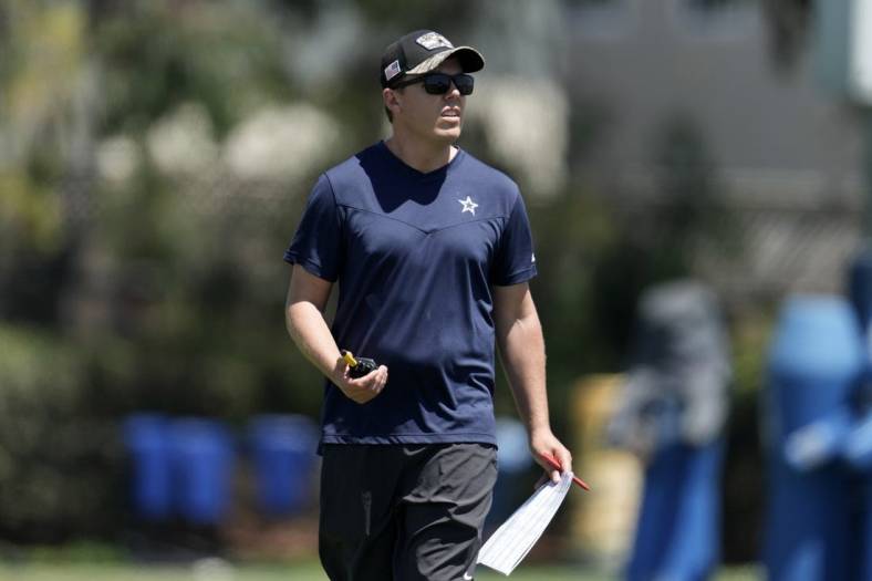 Aug 18, 2022; Costa Mesa, CA, USA; Dallas Cowboys offensive coordinator Kellen Moore during joint practice against the Los Angeles Chargers at Jack Hammett Sports Complex. Mandatory Credit: Kirby Lee-USA TODAY Sports
