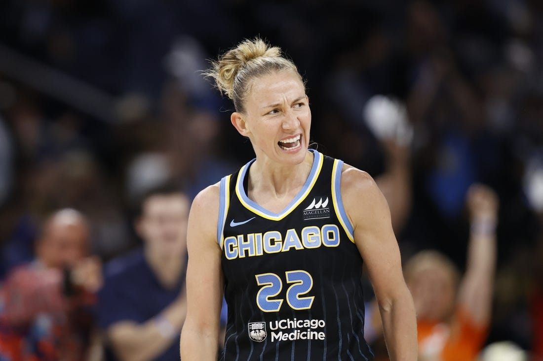 Aug 20, 2022; Chicago, Illinois, USA; Chicago Sky guard Courtney Vandersloot (22) reacts during the second half of Game 2 of the first round of the WNBA playoffs against the New York Liberty at Wintrust Arena. Mandatory Credit: Kamil Krzaczynski-USA TODAY Sports