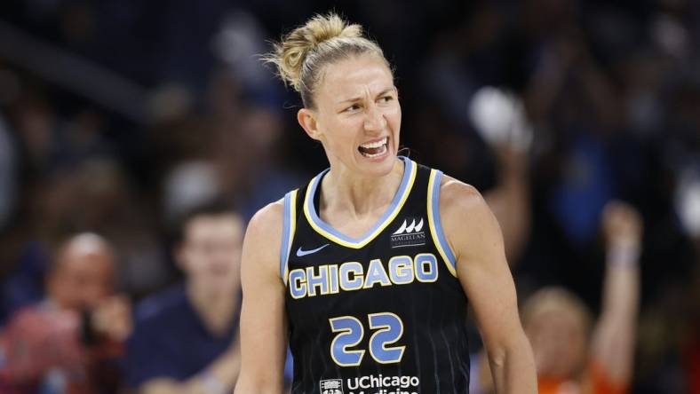 Aug 20, 2022; Chicago, Illinois, USA; Chicago Sky guard Courtney Vandersloot (22) reacts during the second half of Game 2 of the first round of the WNBA playoffs against the New York Liberty at Wintrust Arena. Mandatory Credit: Kamil Krzaczynski-USA TODAY Sports