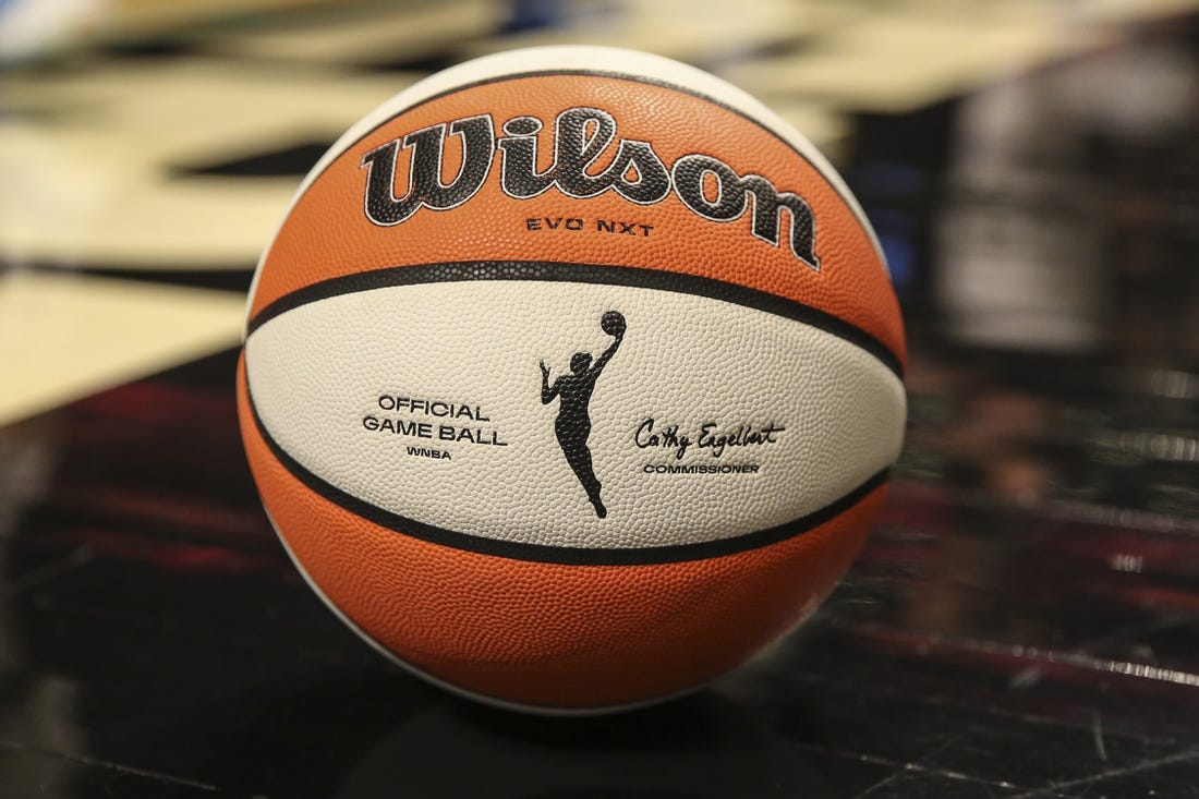 Aug 23, 2022; Brooklyn, New York, USA; A detail view of a basketball on the court prior to game three of the first round between the New York Liberty and the Chicago Sky at Barclays Center. Mandatory Credit: Wendell Cruz-USA TODAY Sports