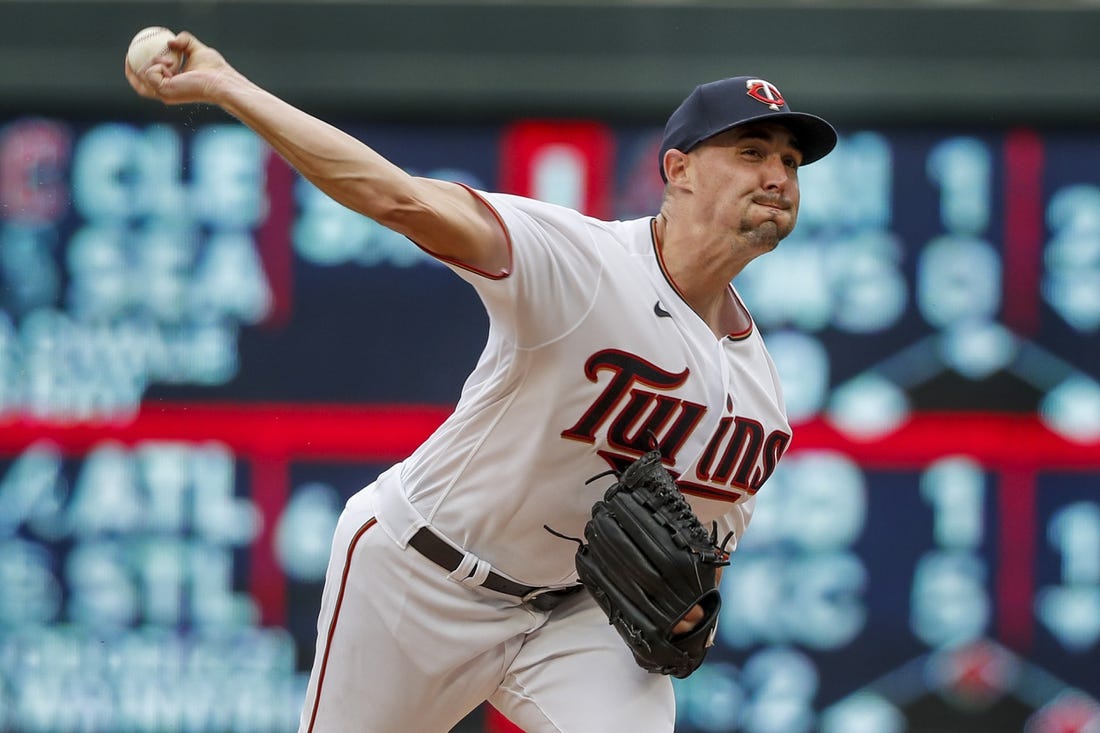 Aug 28, 2022; Minneapolis, Minnesota, USA; Minnesota Twins starting pitcher Aaron Sanchez (43) throws to the San Francisco Giants in the second inning at Target Field. Mandatory Credit: Bruce Kluckhohn-USA TODAY Sports
