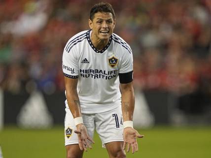 Aug 31, 2022; Toronto, Ontario, CAN; LA Galaxy forward Javier Hernandez (14) reacts to a play against Toronto FC during the first half at BMO Field. Mandatory Credit: John E. Sokolowski-USA TODAY Sports
