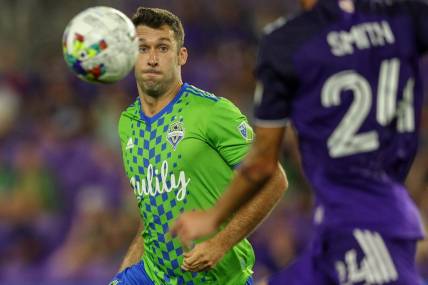 Aug 31, 2022; Orlando, Florida, USA;  Seattle Sounders defender Will Bruin (17) tracks down ball against Orlando City in the second half at Exploria Stadium. Mandatory Credit: Nathan Ray Seebeck-USA TODAY Sports