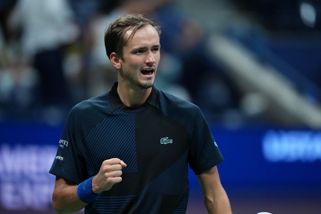 Aug 31, 2022; Flushing, NY, USA; Daniil Medvedev reacts during a match against Arthur Rinderknech of France on day three of the 2022 U.S. Open tennis tournament at USTA Billie Jean King Tennis Center. Mandatory Credit: Danielle Parhizkaran-USA TODAY Sports