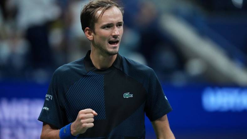 Aug 31, 2022; Flushing, NY, USA; Daniil Medvedev reacts during a match against Arthur Rinderknech of France on day three of the 2022 U.S. Open tennis tournament at USTA Billie Jean King Tennis Center. Mandatory Credit: Danielle Parhizkaran-USA TODAY Sports