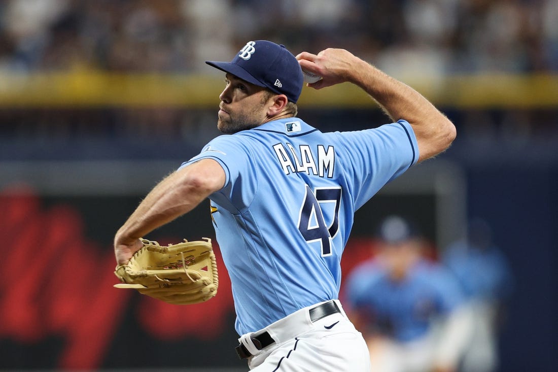 St. Petersburg, United States. 23rd Apr, 2022. St. Petersburg, FL. USA;  Tampa Bay Rays relief pitcher Jason Adam (47) delivers a pitch during a  major league baseball game against the Boston Red