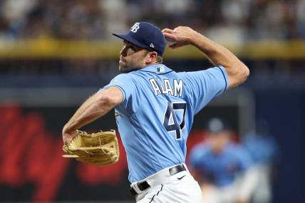 Sep 2, 2022; St. Petersburg, Florida, USA;  Tampa Bay Rays relief pitcher Jason Adam (47) throws a pitch against the New York Yankees in the eighth inning at Tropicana Field. Mandatory Credit: Nathan Ray Seebeck-USA TODAY Sports