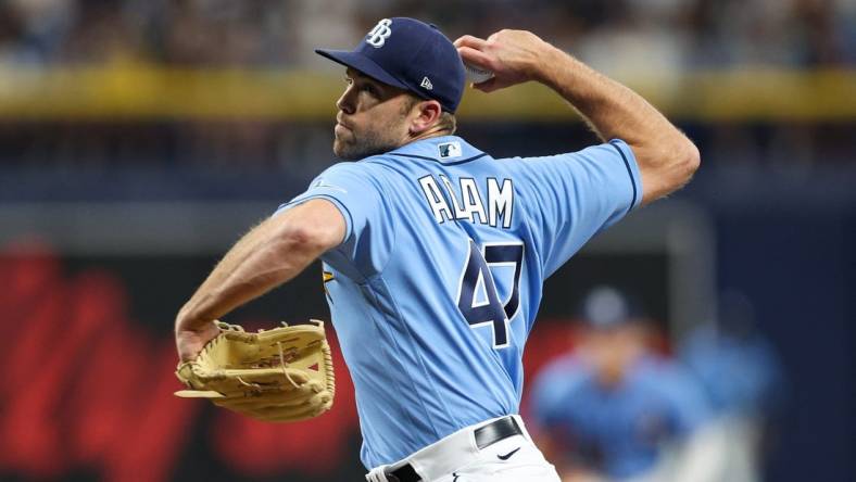 Sep 2, 2022; St. Petersburg, Florida, USA;  Tampa Bay Rays relief pitcher Jason Adam (47) throws a pitch against the New York Yankees in the eighth inning at Tropicana Field. Mandatory Credit: Nathan Ray Seebeck-USA TODAY Sports