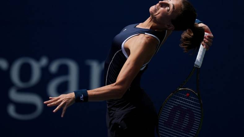 Sep 3, 2022; Flushing, NY, USA; Petra Martic of Croatia serves to Victoria Azarenka on day six of the 2022 U.S. Open tennis tournament at USTA Billie Jean King Tennis Center. Mandatory Credit: Danielle Parhizkaran-USA TODAY Sports