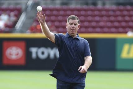 Sep 4, 2022; Cincinnati, Ohio, USA; United States Secretary of Labor Marty Walsh throws a first pitch prior to a game with the Colorado Rockies and the Cincinnati Reds at Great American Ball Park. Mandatory Credit: David Kohl-USA TODAY Sports