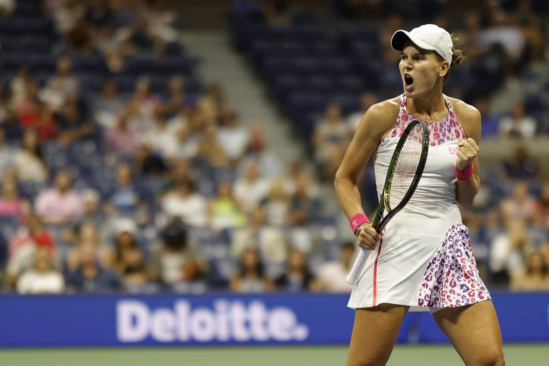 Sep 4, 2022; Flushing, NY, USA; Veronika Kudermetova reacts after winning a point against Ons Jabeur (TUN) (not pictured) on day seven of the 2022 U.S. Open tennis tournament at USTA Billie Jean King Tennis Center. Mandatory Credit: Geoff Burke-USA TODAY Sports