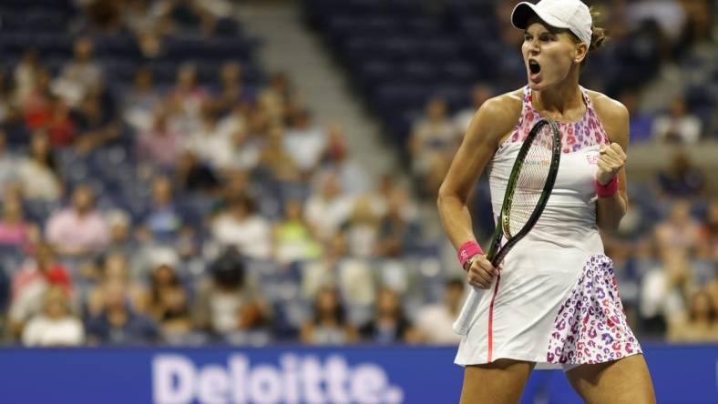 Sep 4, 2022; Flushing, NY, USA; Veronika Kudermetova reacts after winning a point against Ons Jabeur (TUN) (not pictured) on day seven of the 2022 U.S. Open tennis tournament at USTA Billie Jean King Tennis Center. Mandatory Credit: Geoff Burke-USA TODAY Sports