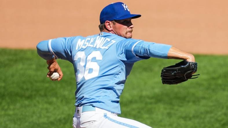 Aug 28, 2022; Kansas City, Missouri, USA; Kansas City Royals relief pitcher Anthony Misiewicz (36) pitches against the San Diego Padres during the seventh inning at Kauffman Stadium. Mandatory Credit: Jay Biggerstaff-USA TODAY Sports