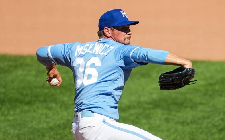 Aug 28, 2022; Kansas City, Missouri, USA; Kansas City Royals relief pitcher Anthony Misiewicz (36) pitches against the San Diego Padres during the seventh inning at Kauffman Stadium. Mandatory Credit: Jay Biggerstaff-USA TODAY Sports