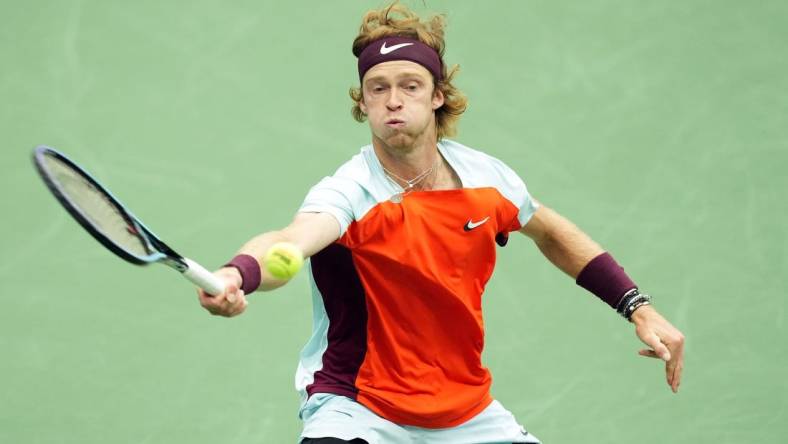 Sep 7, 2022; Flushing, NY, USA; Andrey Rublev hits to Frances Tiafoe of the United States on day ten of the 2022 U.S. Open tennis tournament at USTA Billie Jean King Tennis Center. Mandatory Credit: Danielle Parhizkaran-USA TODAY Sports