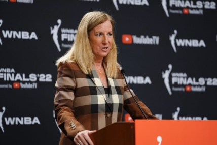 Sep 11, 2022; Las Vegas, Nevada, USA; WNBA commissioner Cathy Engelbert gives an opening statement to the media prior to game one of the 2022 WNBA Finals at Michelob Ultra Arena. Mandatory Credit: Lucas Peltier-USA TODAY Sports