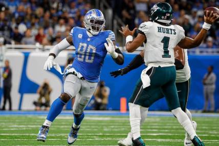Lions defensive end Michael Brockers looks to tackle Eagles quarterback Jalen Hurts during the first half on Sunday, Sept. 11, 2022, at Ford Field.

Nfl Philadelphia Eagles At Detroit Lions