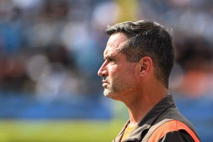 Sep 11, 2022; Charlotte, North Carolina, USA;  Cleveland Browns special teams coach Mike Priefer on the sidelines in the fourth quarter at Bank of America Stadium. Mandatory Credit: Bob Donnan-USA TODAY Sports
