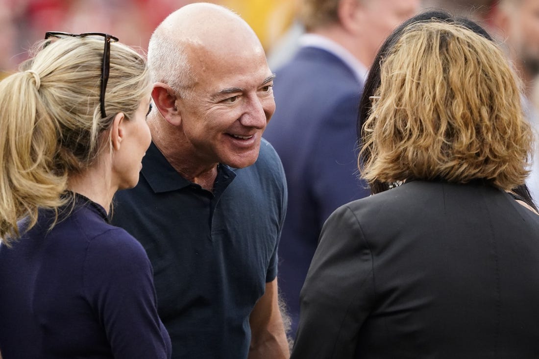 Sep 15, 2022; Kansas City, Missouri, USA; Amazon executive chairman Jeff Bezos in attendance before the Kansas City Chiefs play against the Los Angeles Chargers at GEHA Field at Arrowhead Stadium. Mandatory Credit: Jay Biggerstaff-USA TODAY Sports